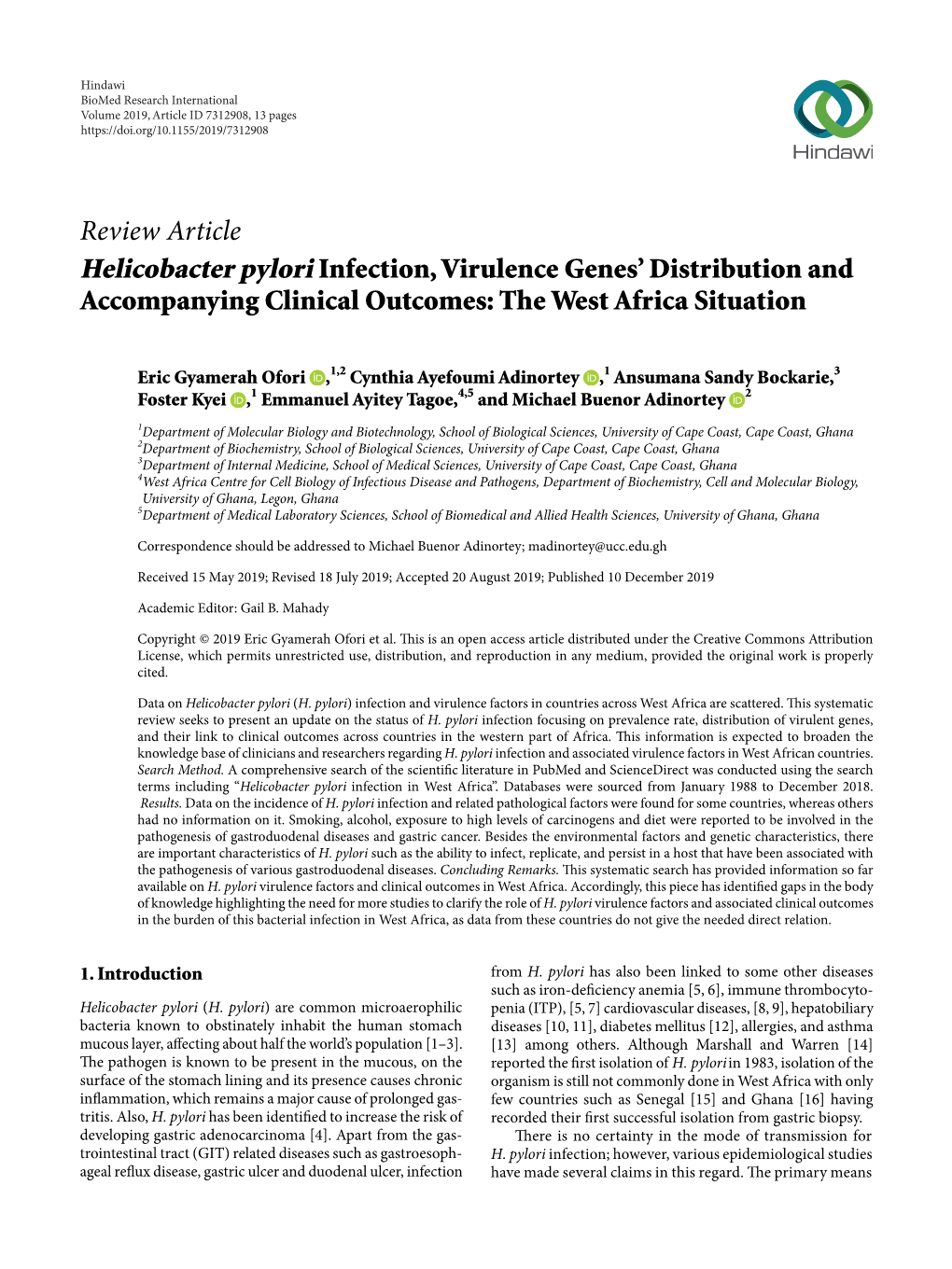 Review Article Helicobacter Pylori Infection, Virulence Genes’ Distribution and Accompanying Clinical Outcomes: the West Africa Situation