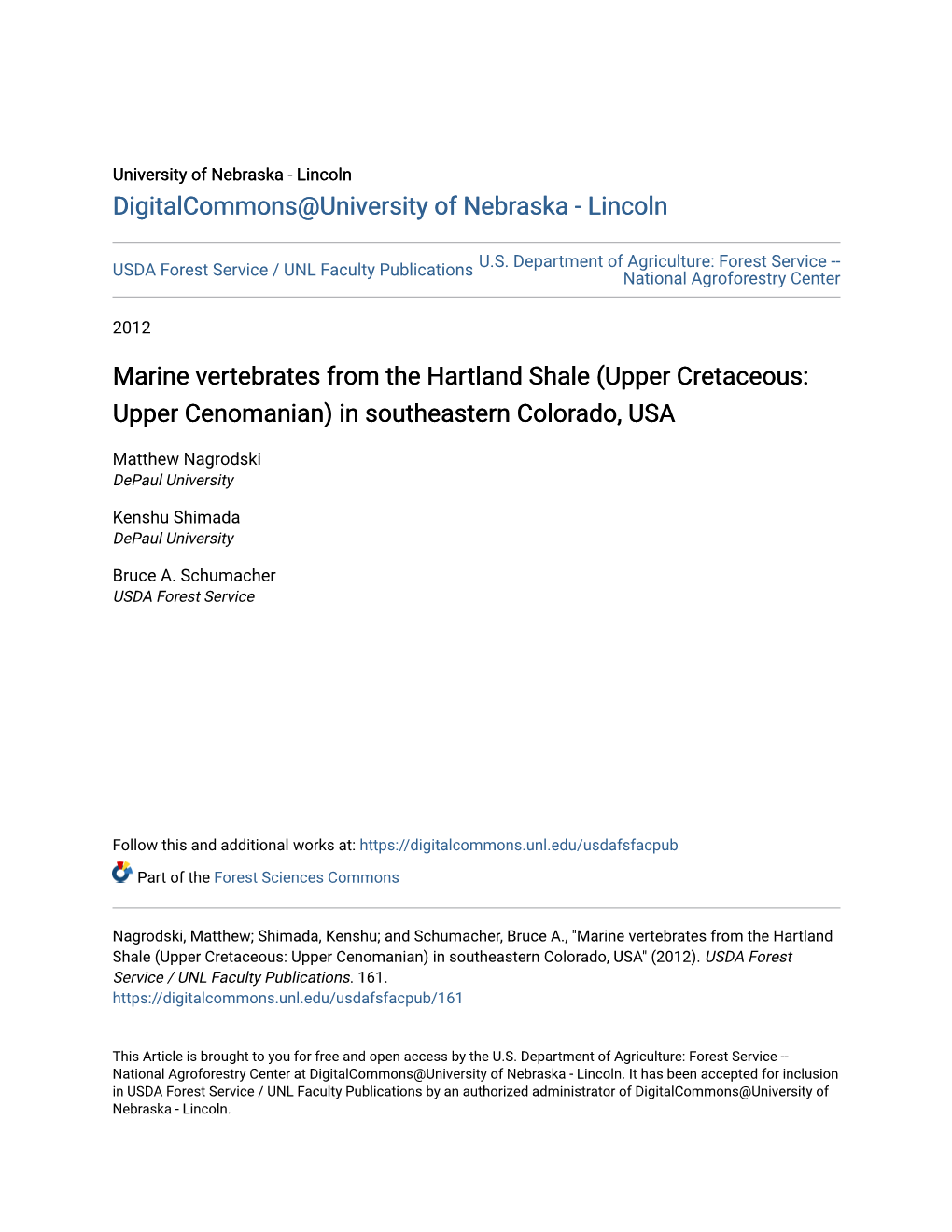 Marine Vertebrates from the Hartland Shale (Upper Cretaceous: Upper Cenomanian) in Southeastern Colorado, USA