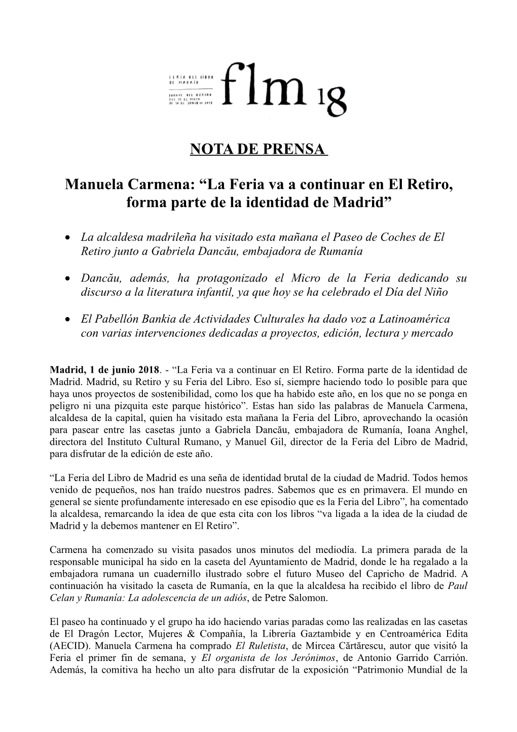 NOTA DE PRENSA Manuela Carmena: “La Feria Va a Continuar