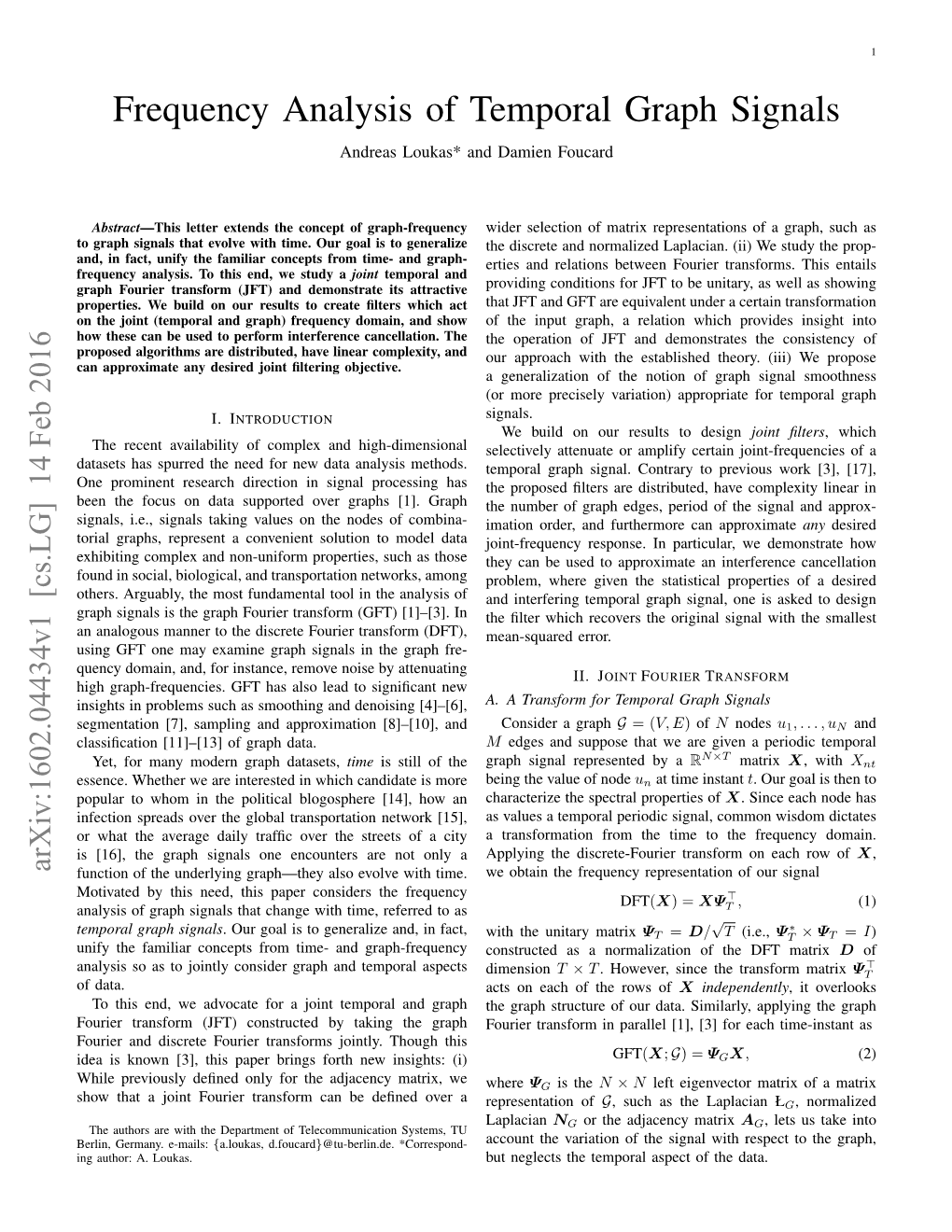 Frequency Analysis of Temporal Graph Signals Andreas Loukas* and Damien Foucard