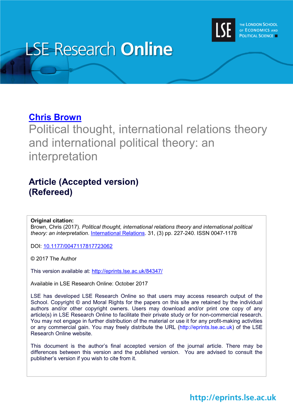 Political Thought, International Relations Theory and International Political Theory: an Interpretation