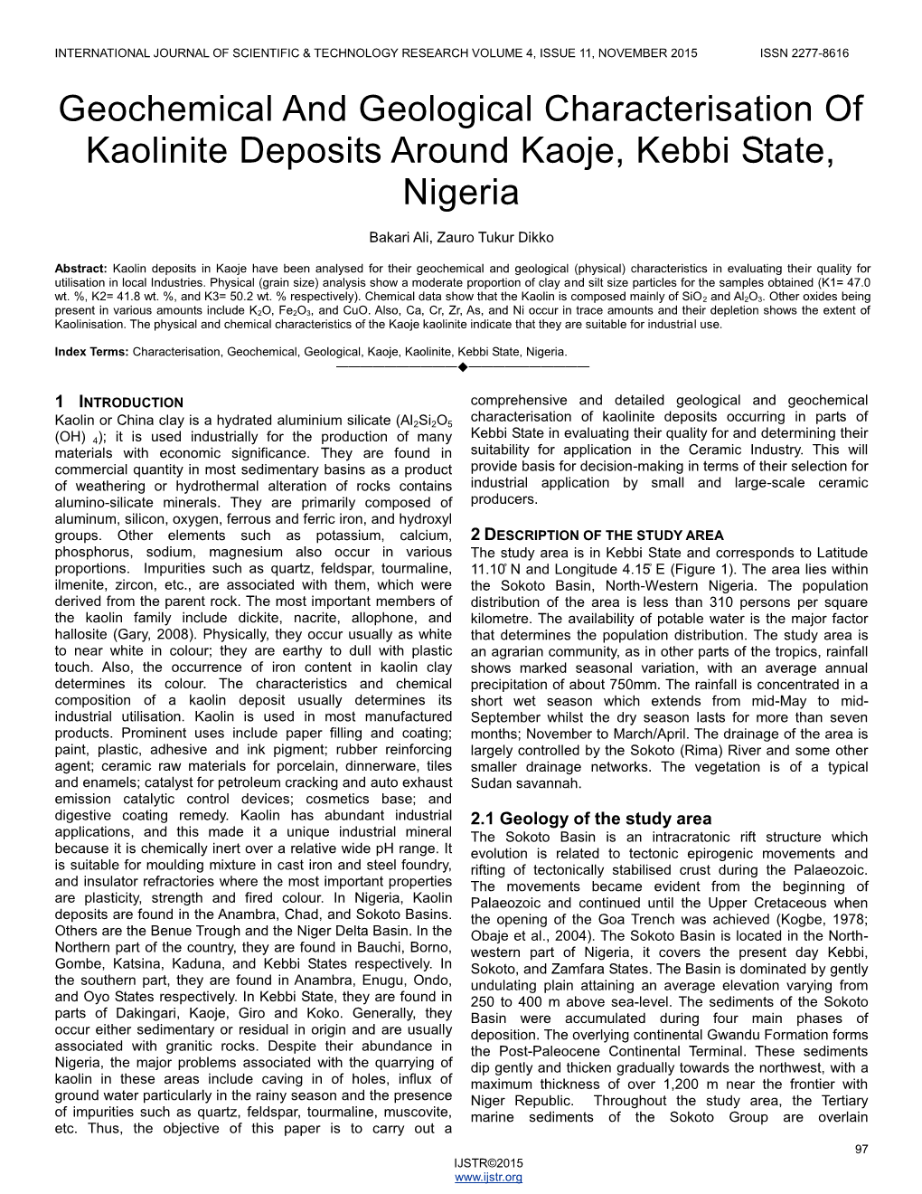 Geochemical and Geological Characterisation of Kaolinite Deposits Around Kaoje, Kebbi State, Nigeria