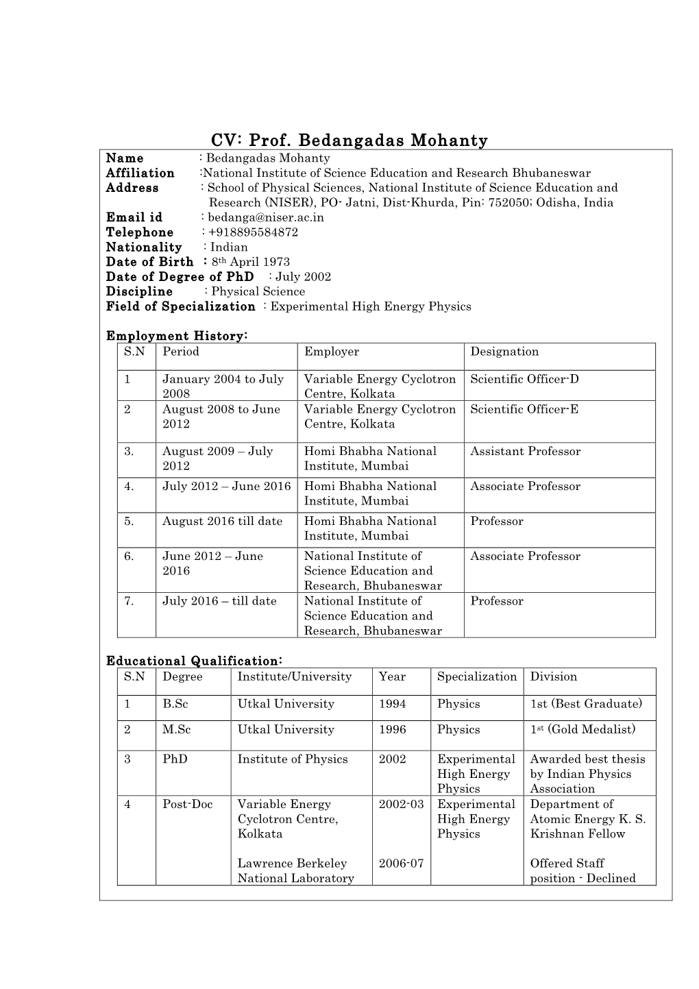 CV: Prof. Bedangadas Mohanty