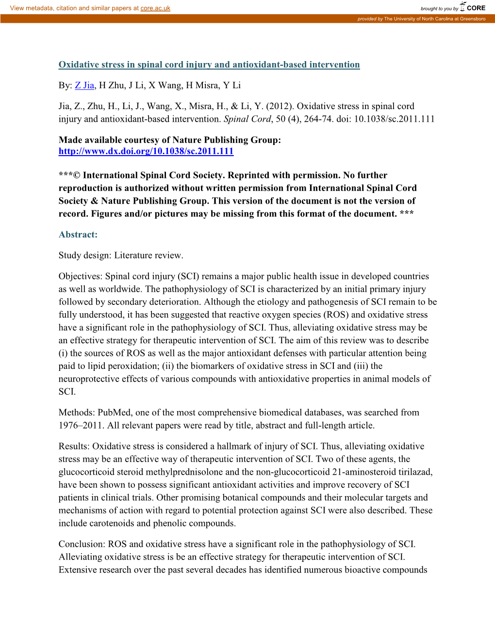 Oxidative Stress in Spinal Cord Injury and Antioxidant-Based Intervention