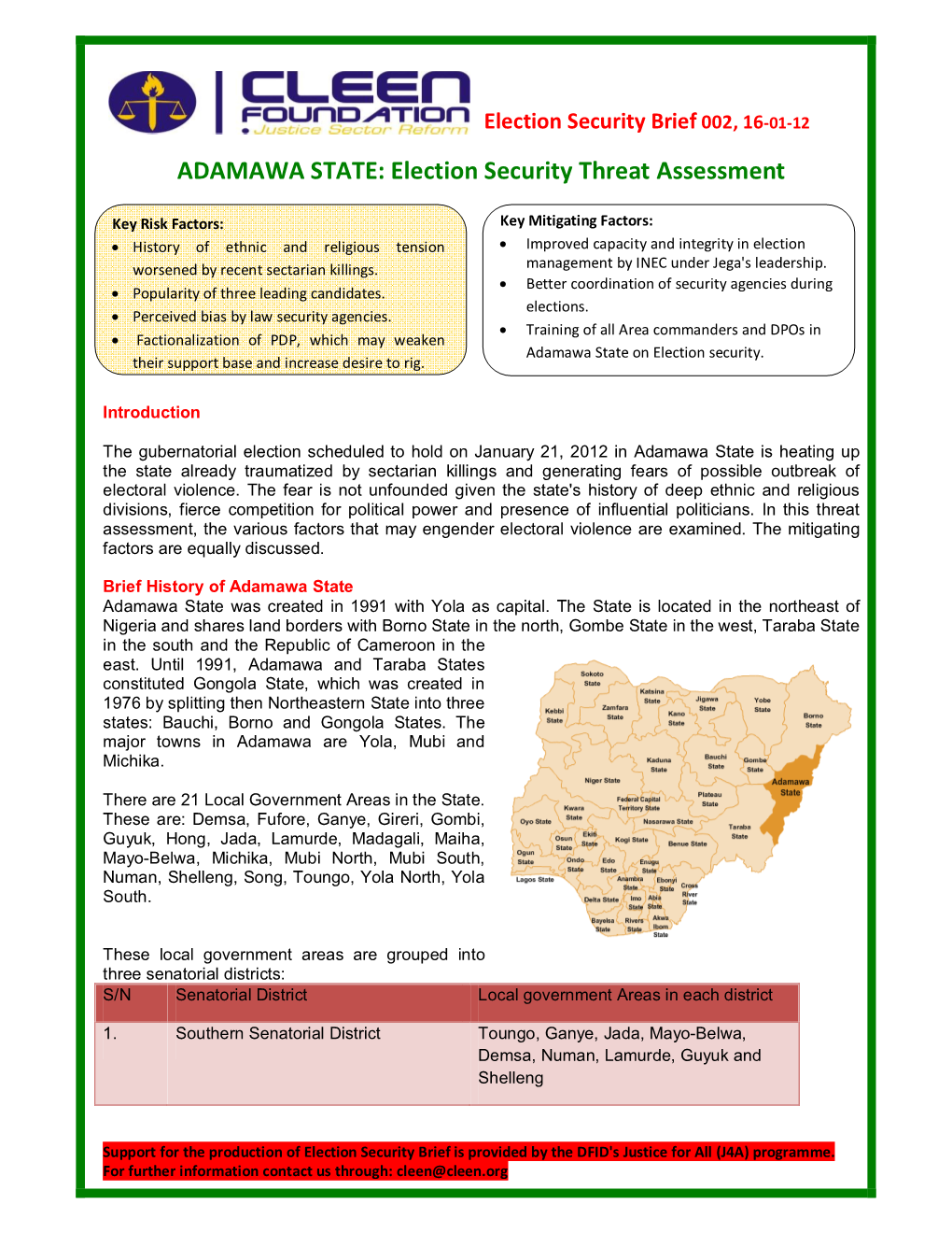 2011 Adamawa State: Election Security Threat Assessment Brief