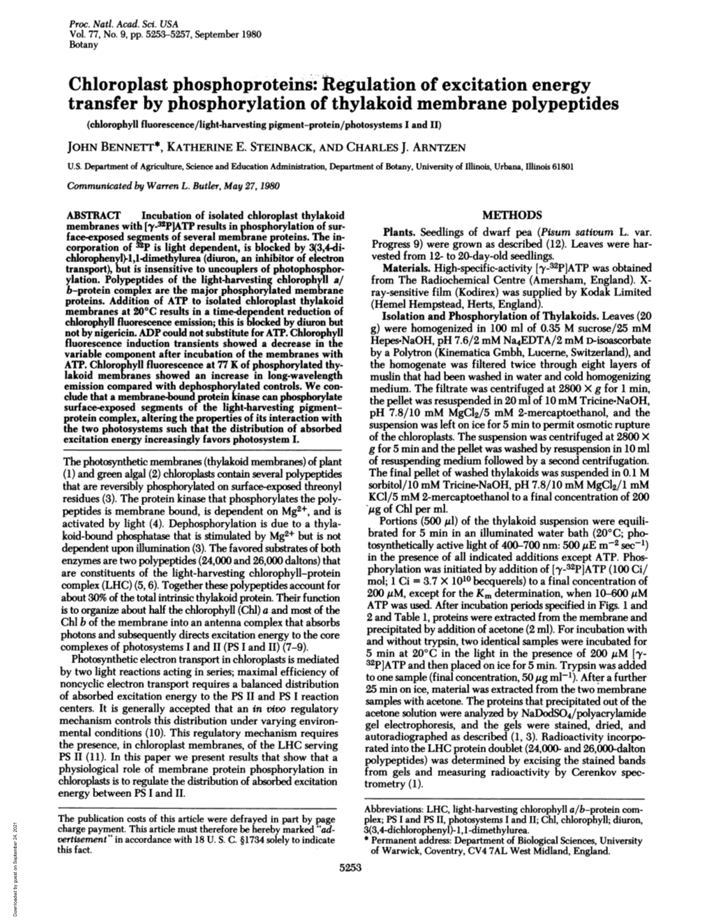 Chloroplast Phosphoproteins: Regulation of Excitation Energy Transfer by Phosphorylation of Thylakoid Membrane Polypeptides