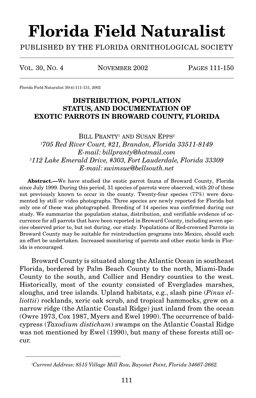 Florida Field Naturalist PUBLISHED by the FLORIDA ORNITHOLOGICAL SOCIETY