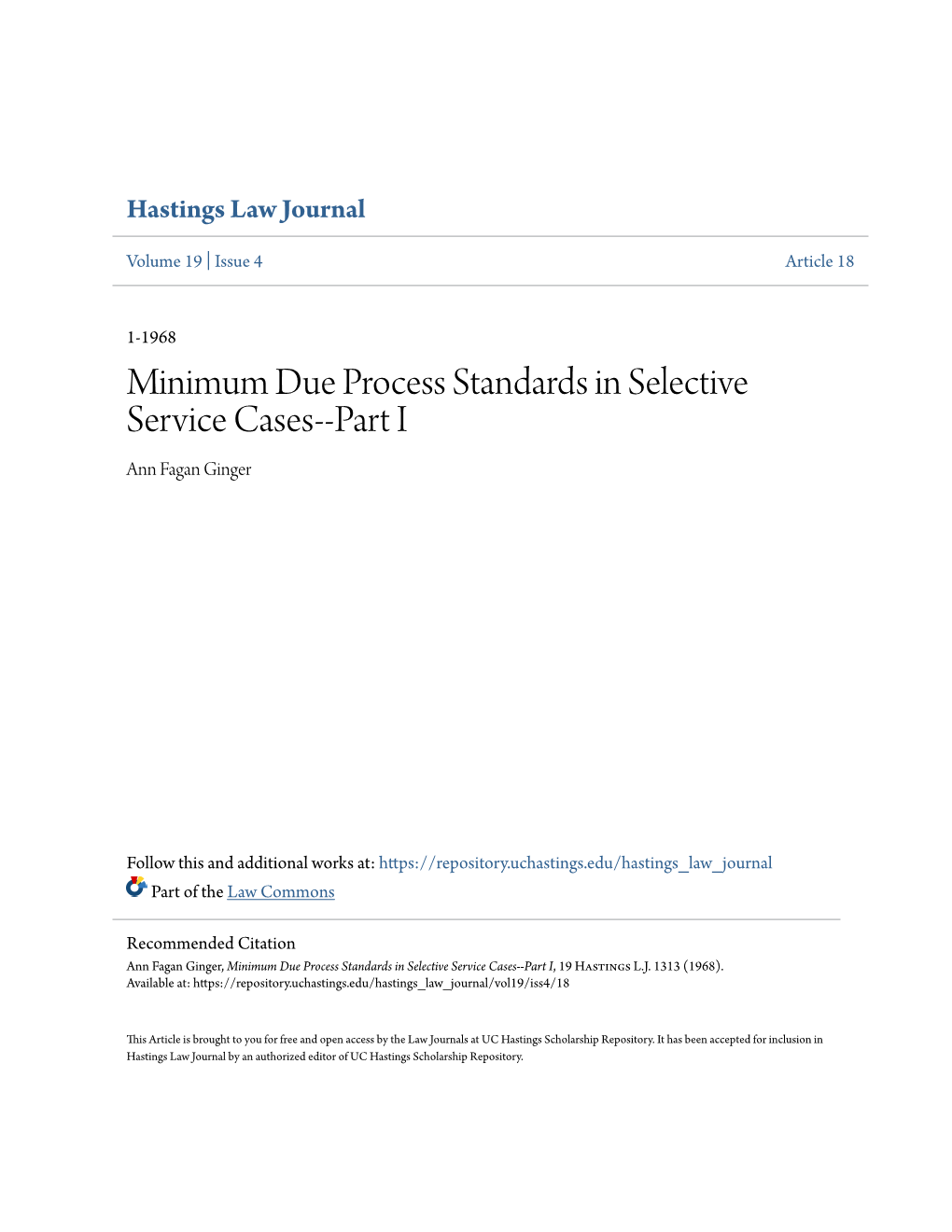 Minimum Due Process Standards in Selective Service Cases--Part I Ann Fagan Ginger