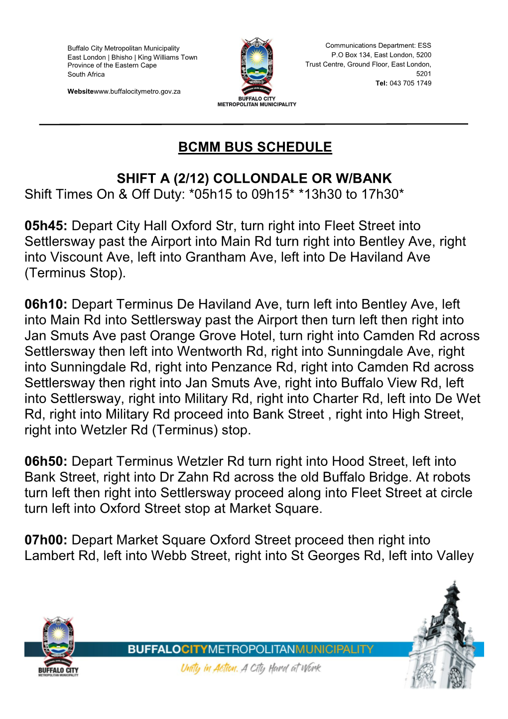 Bcmm Bus Schedule Shift a (2/12) Collondale Or W/Bank