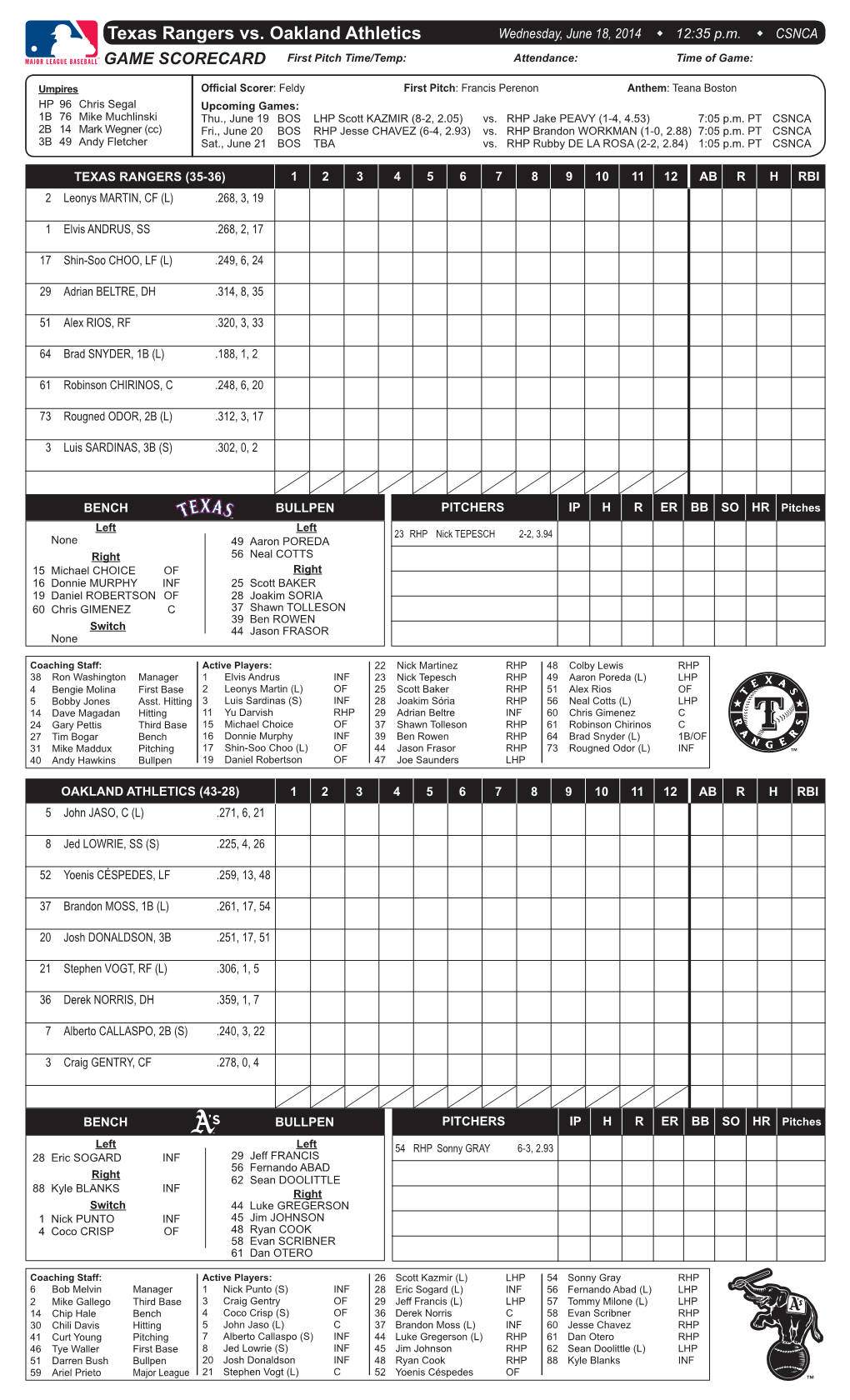 Texas Rangers Vs. Oakland Athletics Wednesday, June 18, 2014 W 12:35 P.M