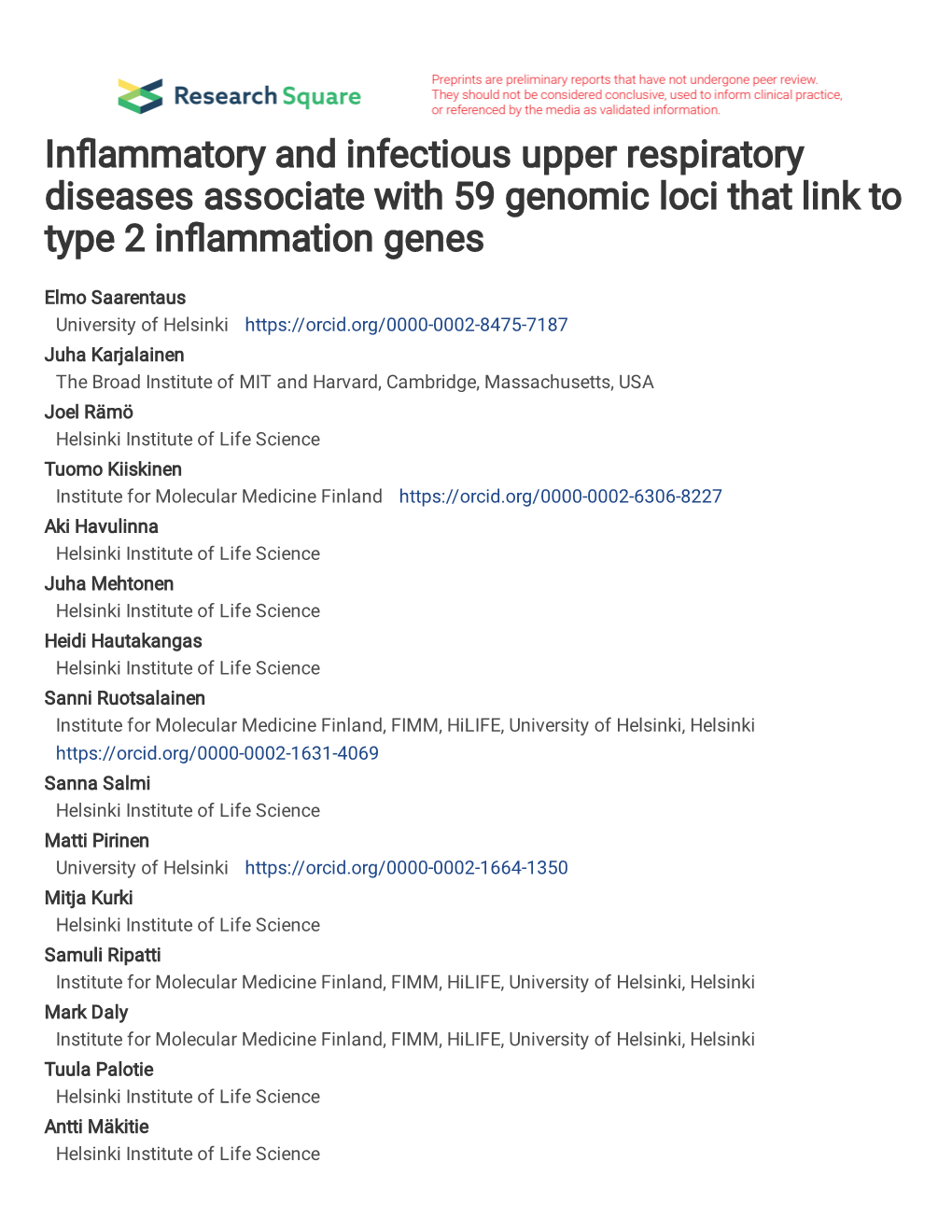 In Ammatory and Infectious Upper Respiratory Diseases Associate With