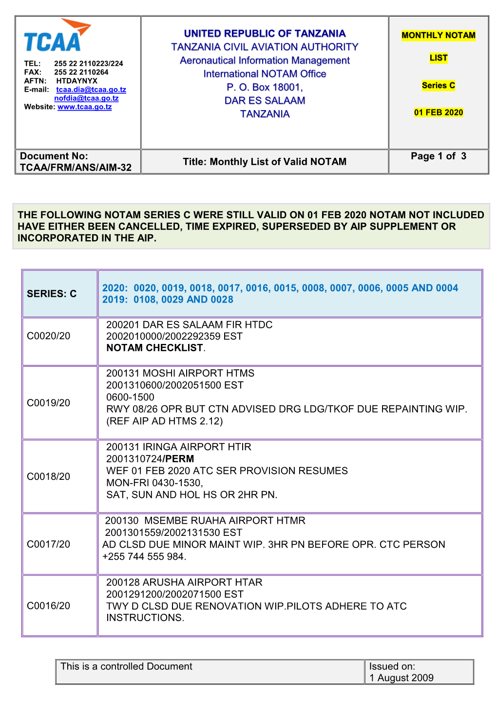 Aeronautical Information Promulgation Advice Form