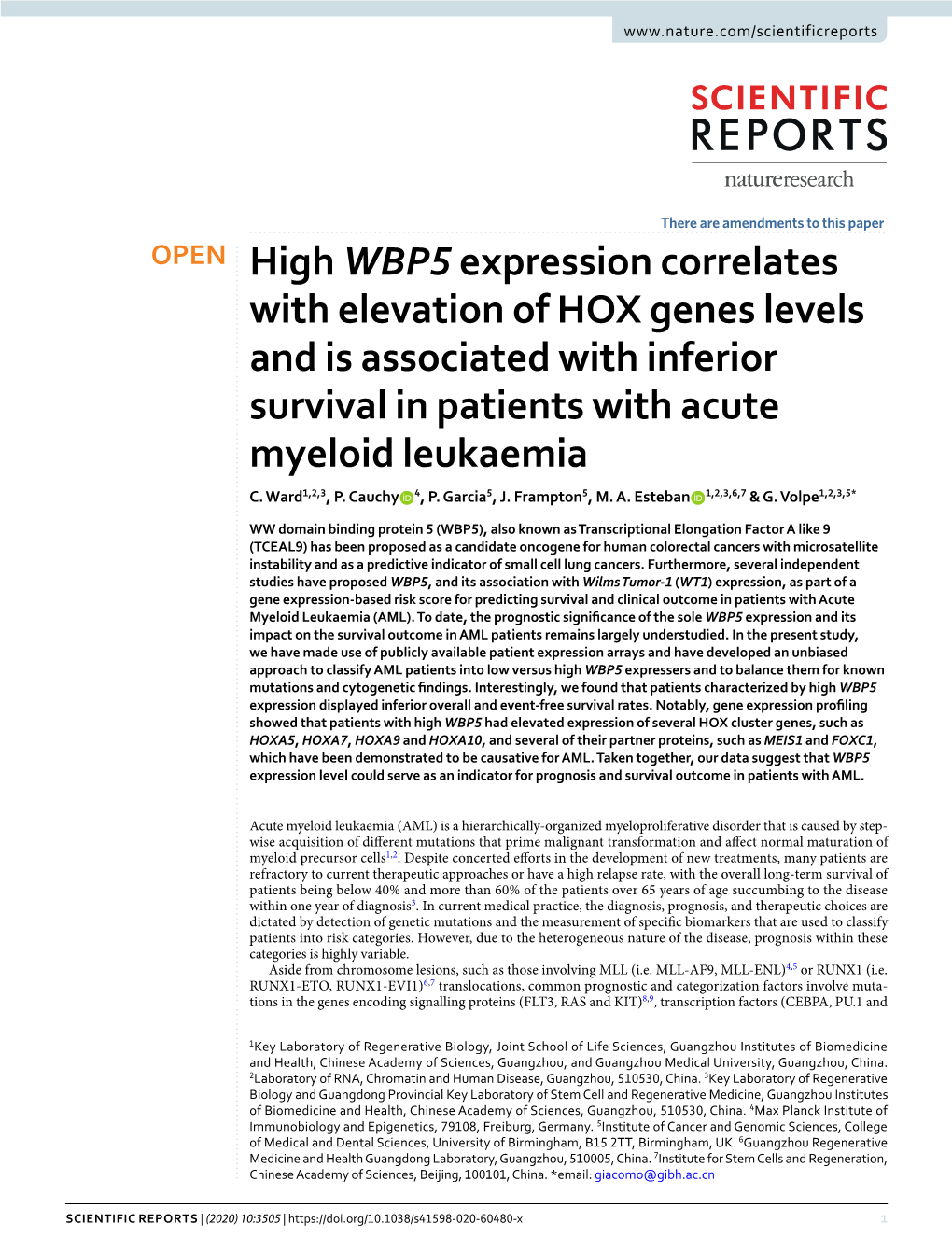 High WBP5 Expression Correlates with Elevation of HOX Genes Levels and Is Associated with Inferior Survival in Patients with Acute Myeloid Leukaemia C