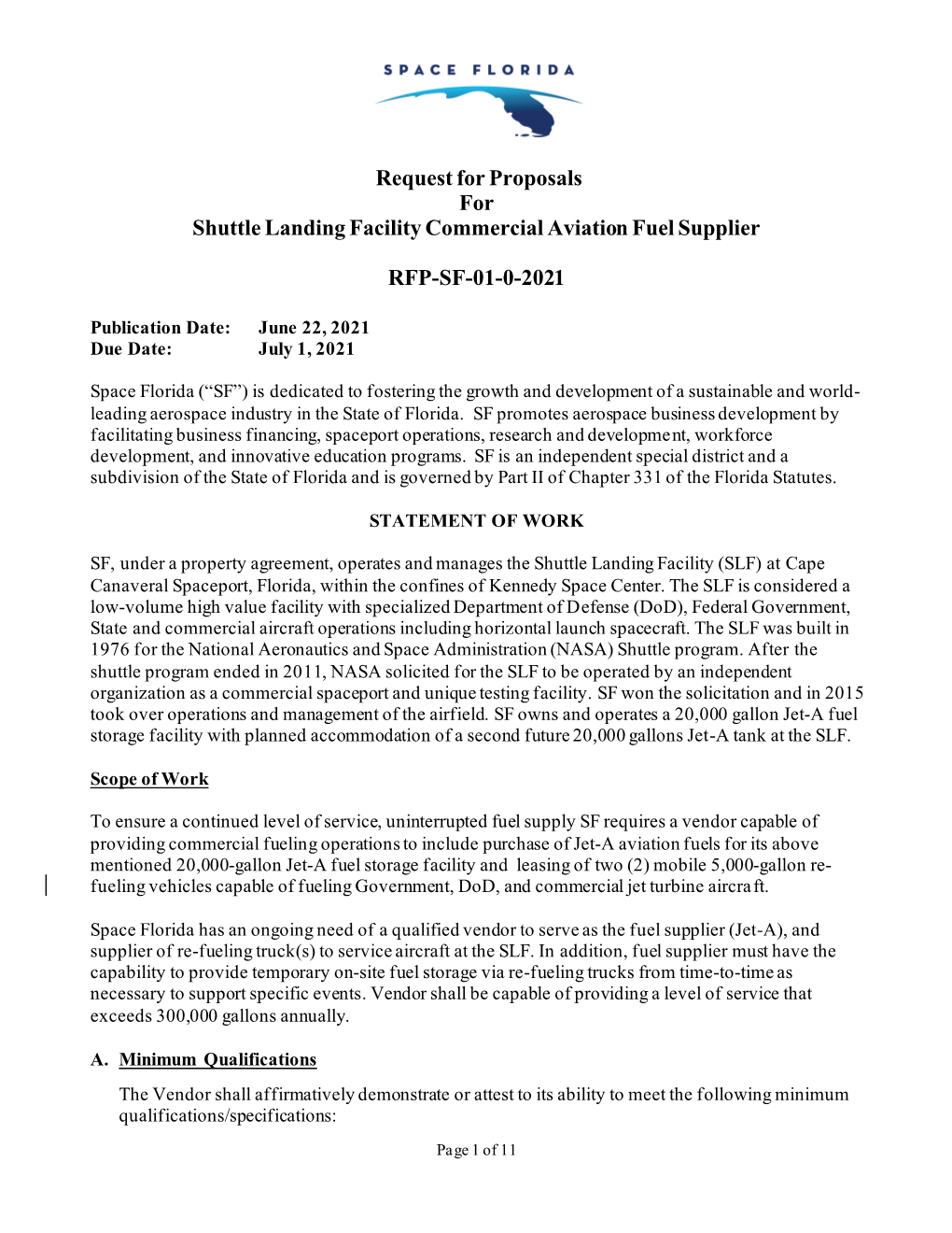 Request for Proposals for Shuttle Landing Facility Commercial Aviation Fuel Supplier RFP-SF-01-0-2021