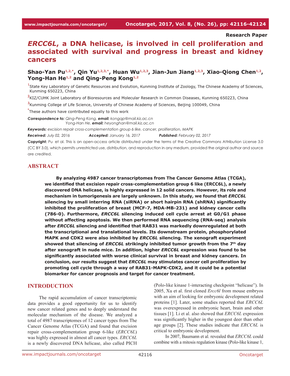 ERCC6L, a DNA Helicase, Is Involved in Cell Proliferation and Associated with Survival and Progress in Breast and Kidney Cancers