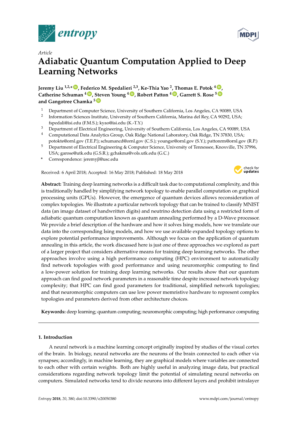 Adiabatic Quantum Computation Applied to Deep Learning Networks