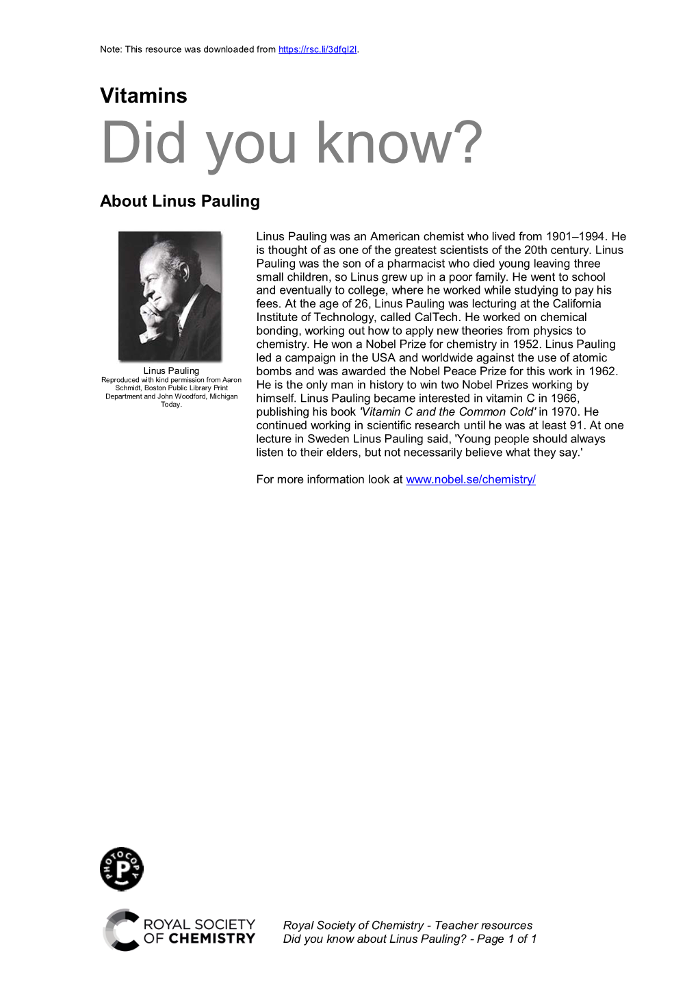 Did You Know About Linus Pauling? Handout