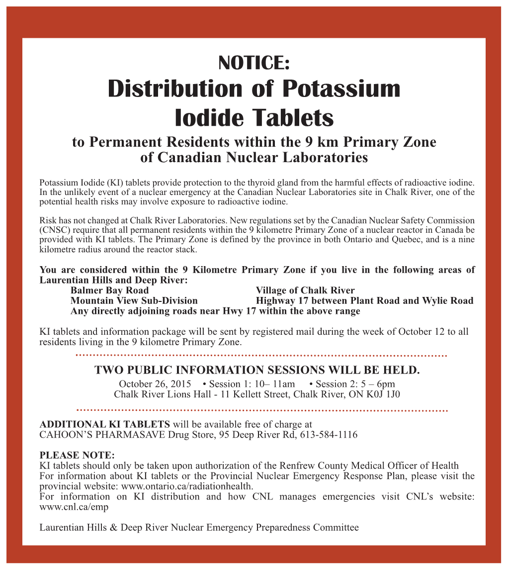 Distribution of Potassium Iodide Tablets to Permanent Residents Within the 9 Km Primary Zone of Canadian Nuclear Laboratories