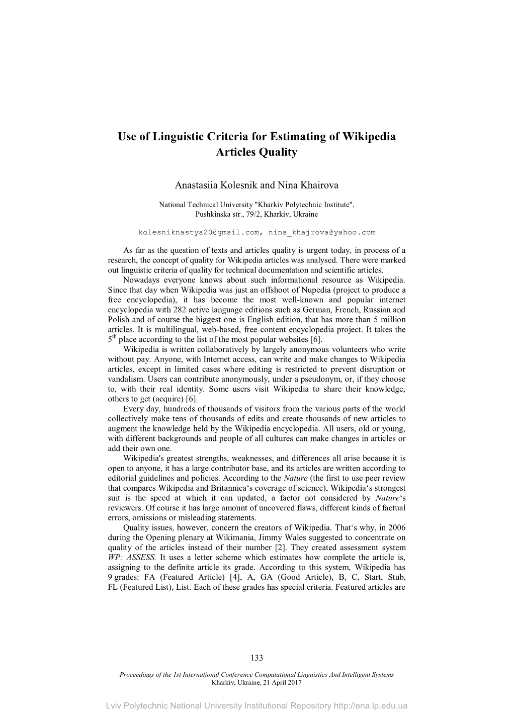 Use of Linguistic Criteria for Estimating of Wikipedia Articles Quality