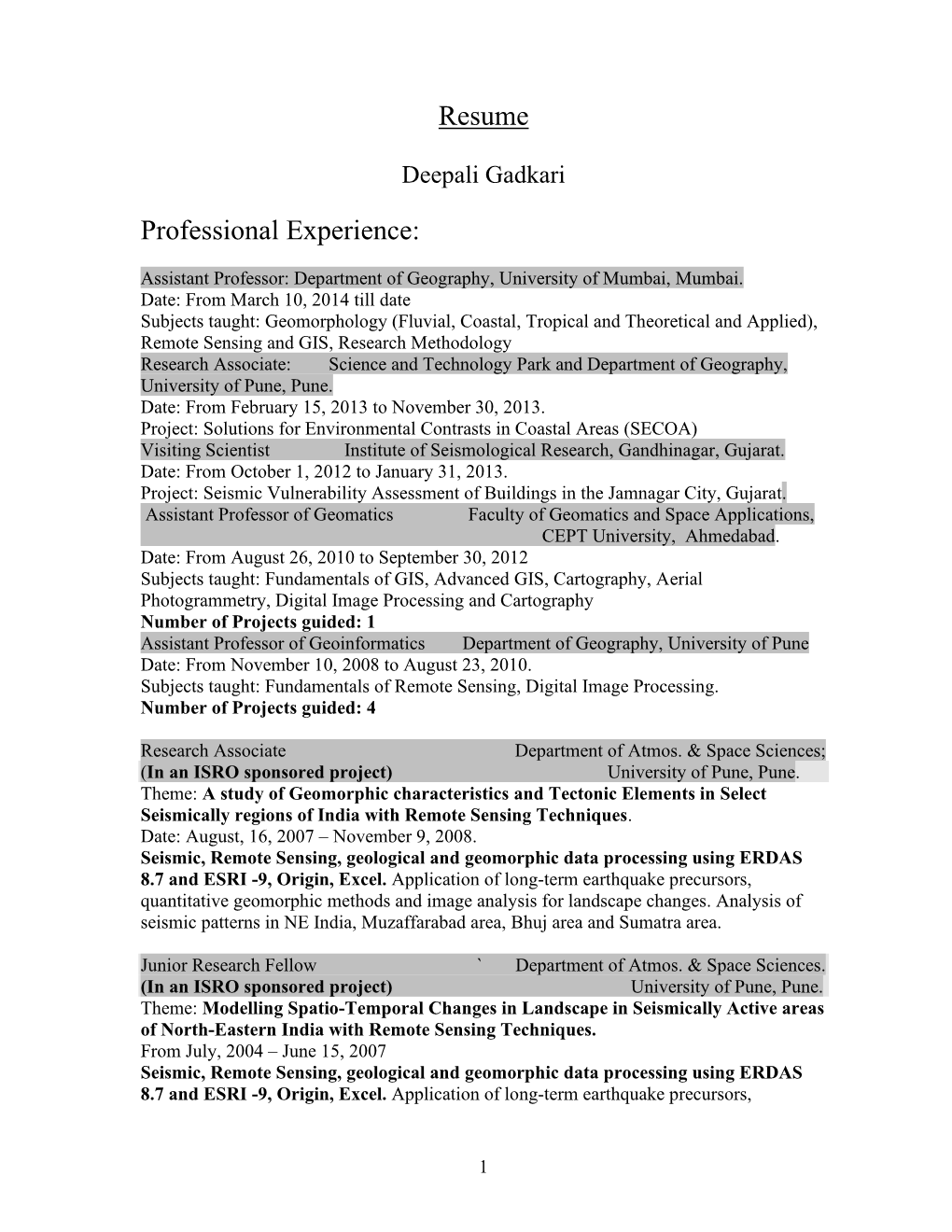 Resume Professional Experience