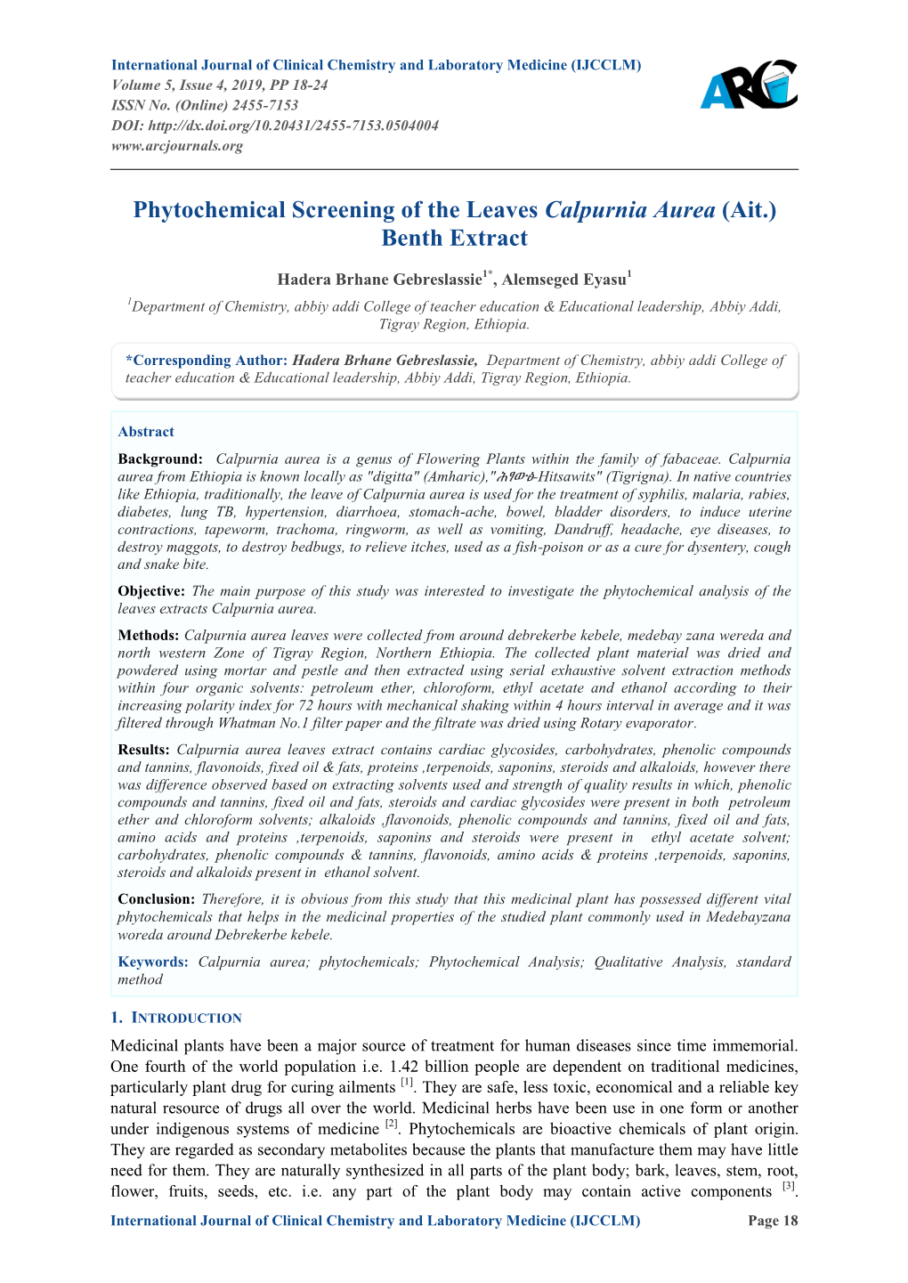 Phytochemical Screening of the Leaves Calpurnia Aurea (Ait.) Benth Extract