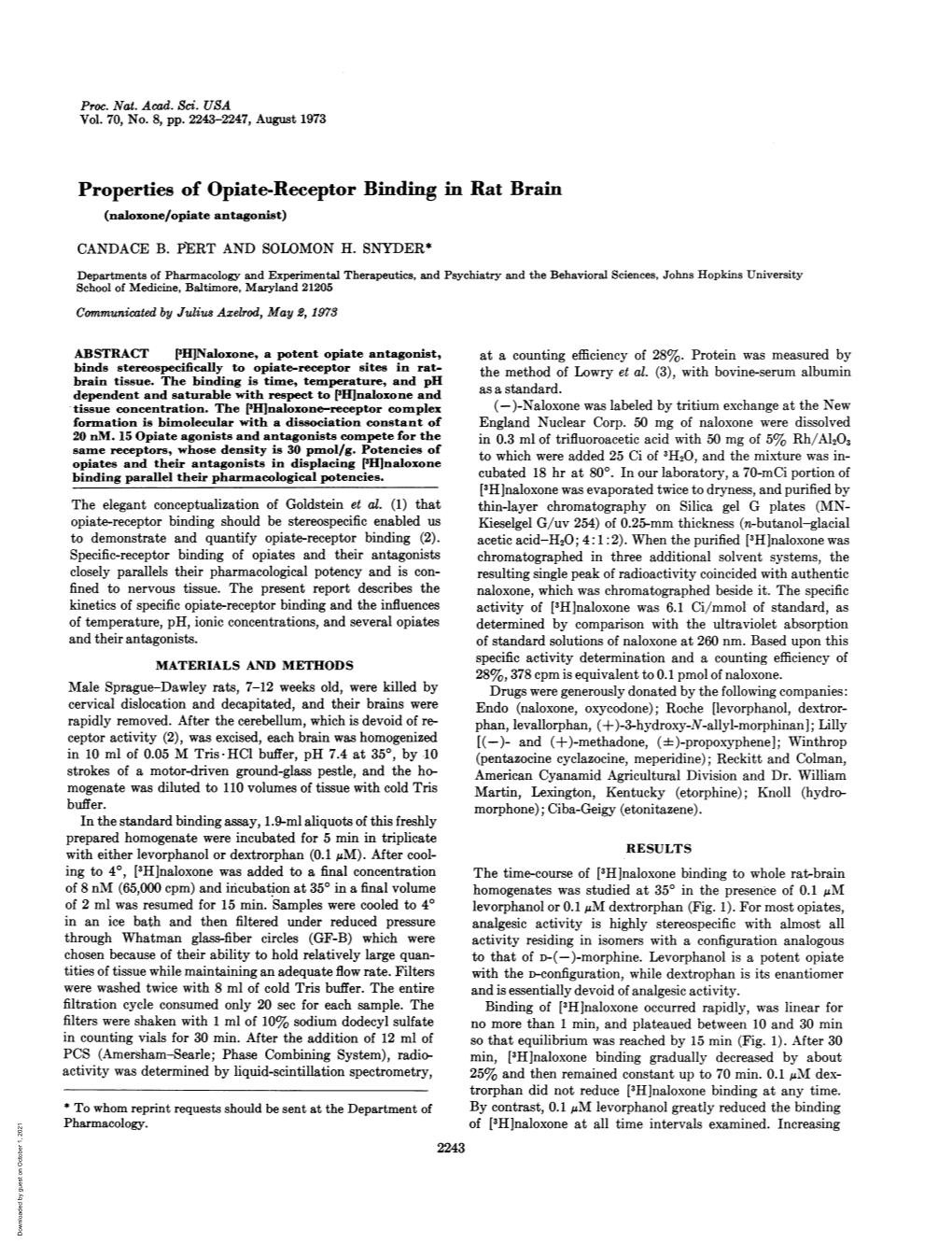 Properties of Opiate-Receptor Binding in Rat Brain (Naloxone/Opiate Antagonist)