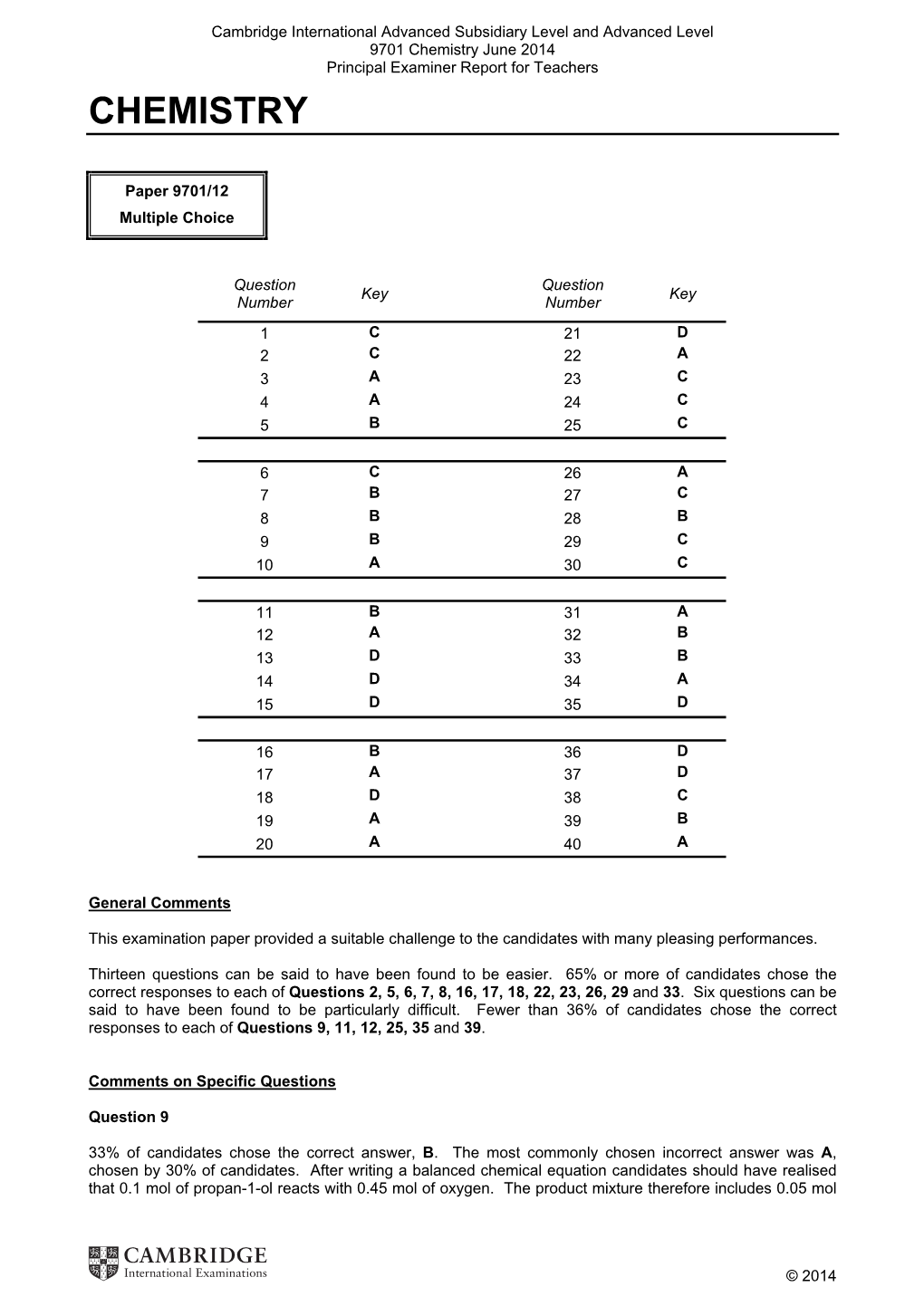 Chemistry June 2014 Principal Examiner Report for Teachers CHEMISTRY