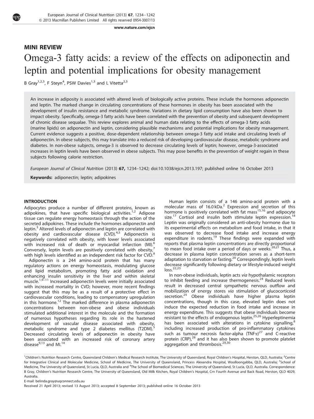 Omega-3 Fatty Acids: a Review of the Effects on Adiponectin and Leptin and Potential Implications for Obesity Management