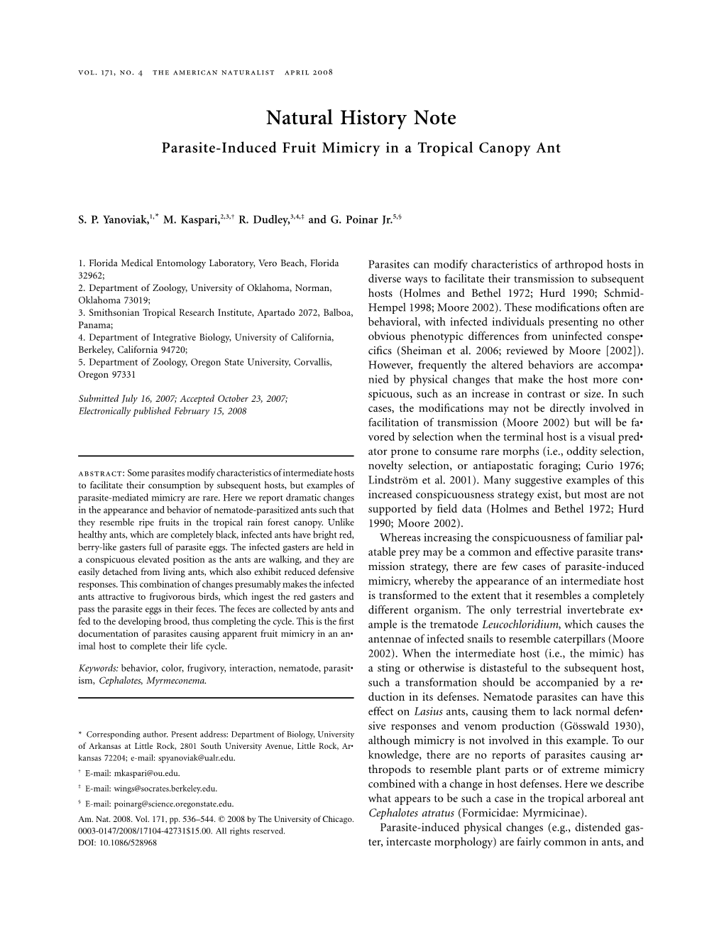 Parasite-Induced Fruit Mimicry in a Tropical Canopy Ant