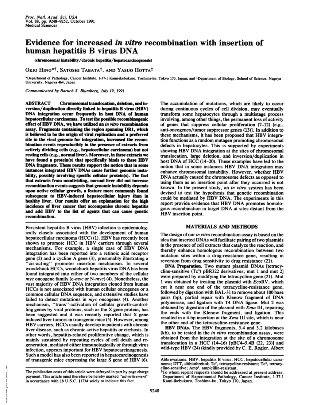 Evidence for Increased in Vitro Recombination with Insertion Of