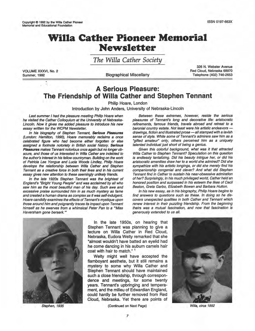 Willa Cather Pioneer Memorial Newsletter Witla Cather Society 326 N