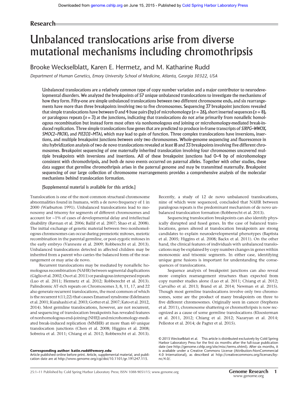 Unbalanced Translocations Arise from Diverse Mutational Mechanisms Including Chromothripsis