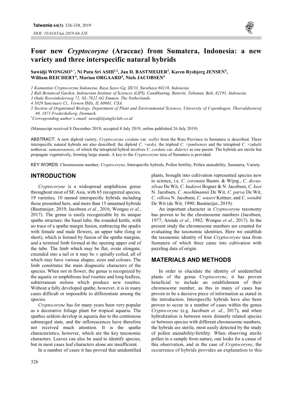 Four New Cryptocoryne (Araceae) from Sumatera, Indonesia: a New Variety and Three Interspecific Natural Hybrids