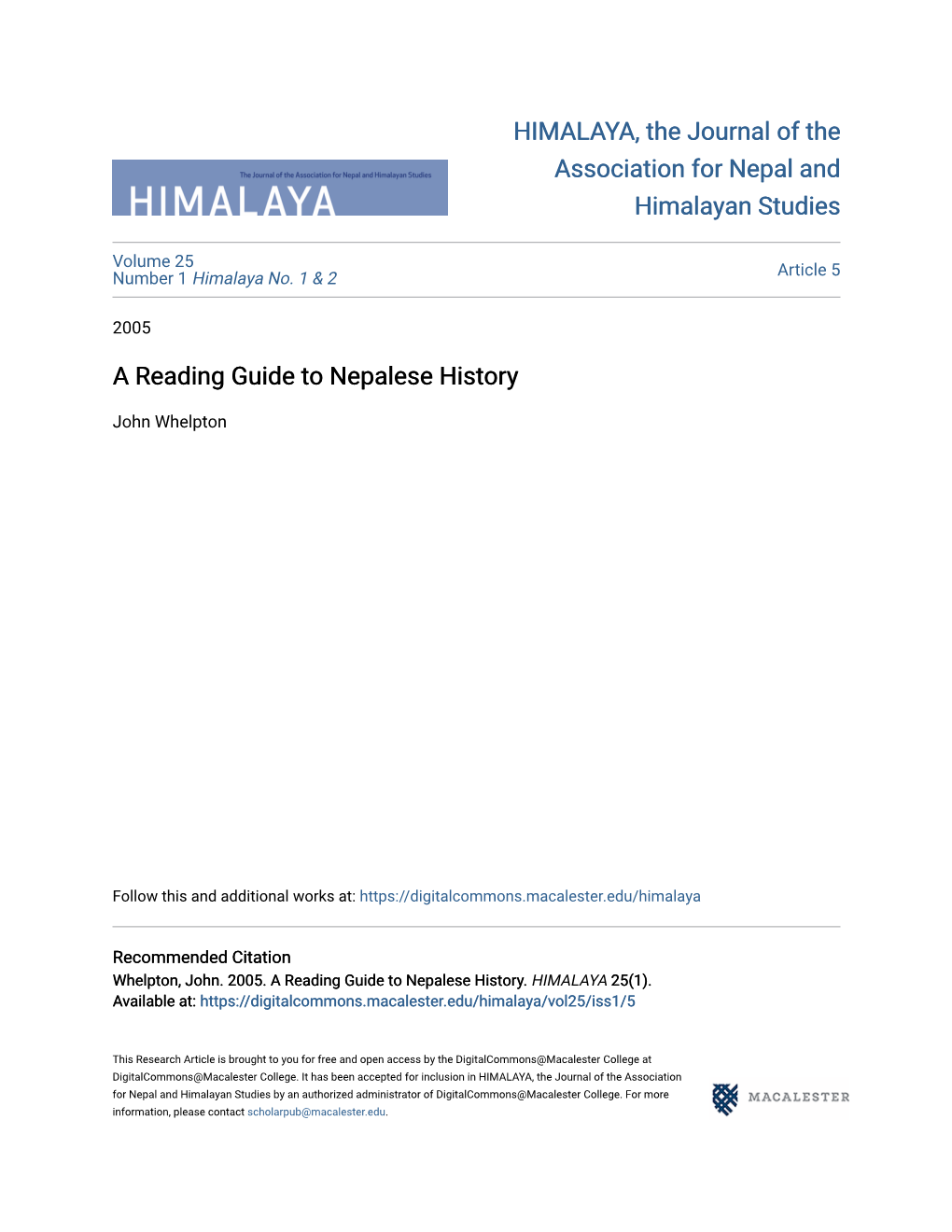 A Reading Guide to Nepalese History