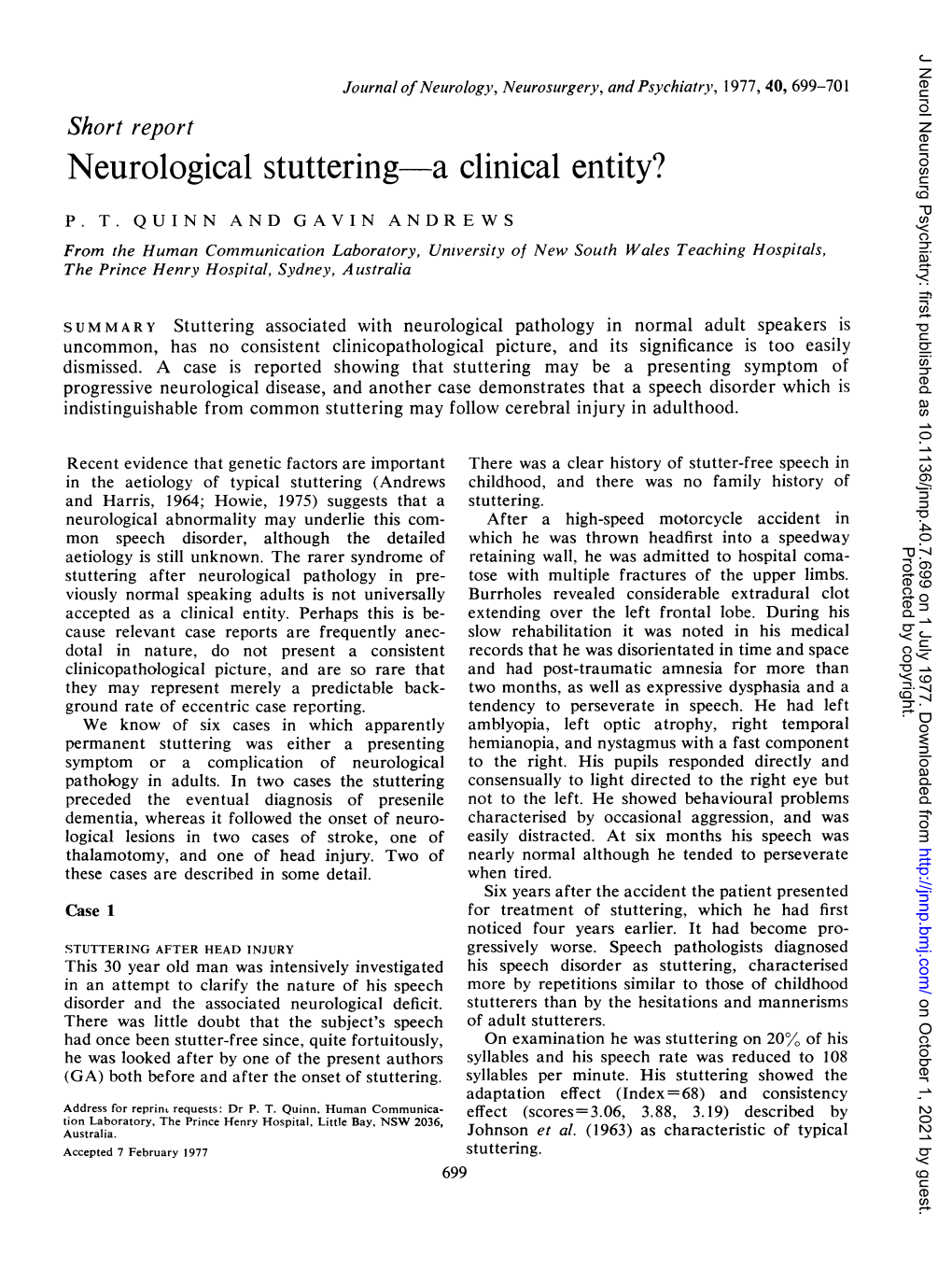 Neurological Stuttering a Clinical Entity?