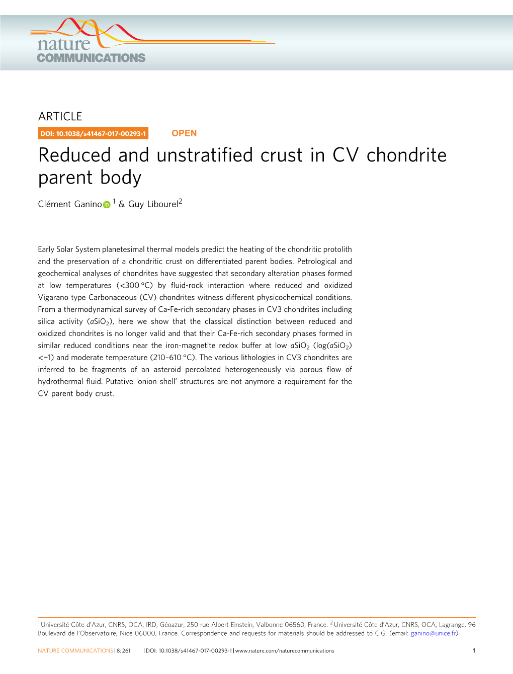 Reduced and Unstratified Crust in CV Chondrite Parent Body