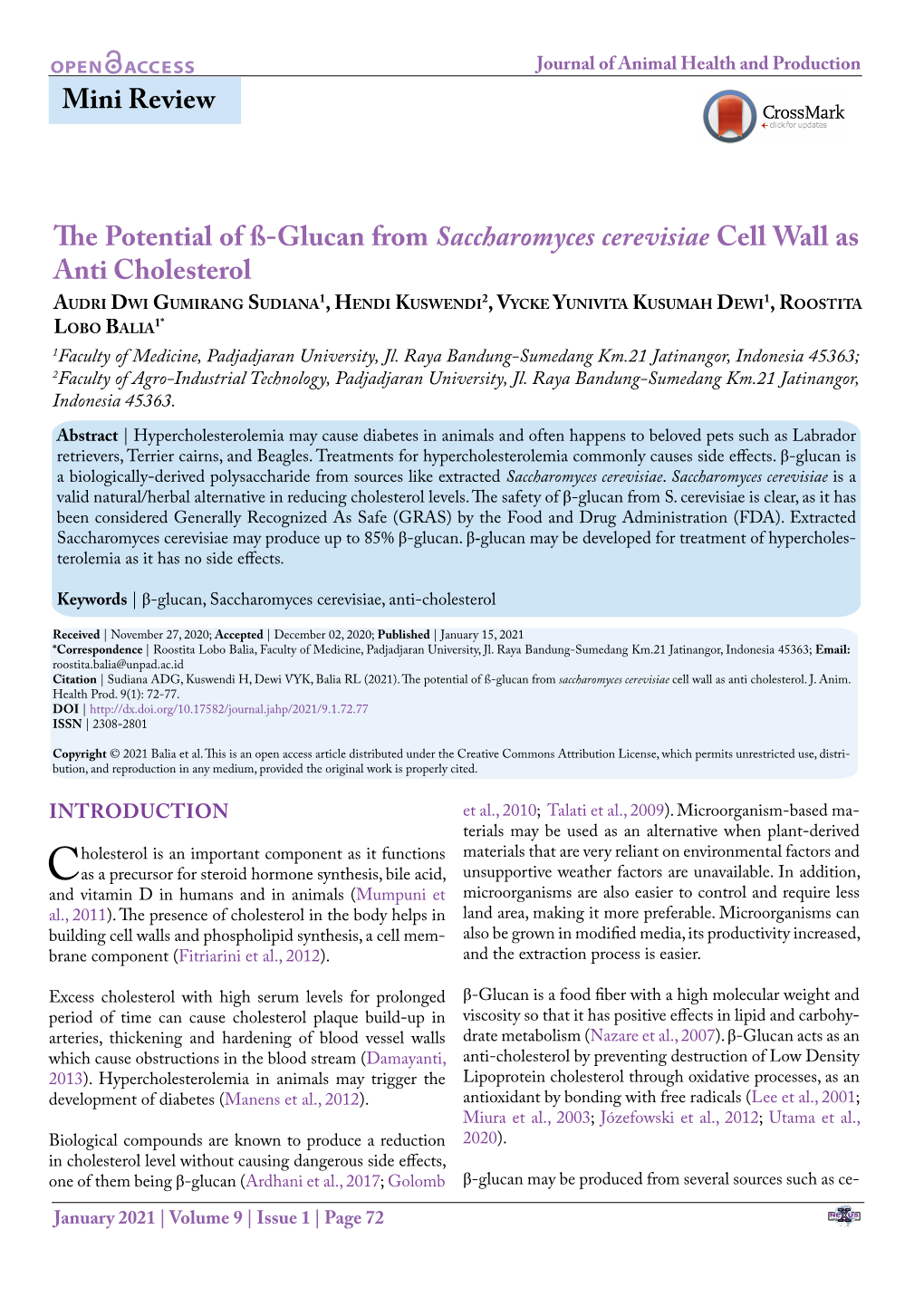 Mini Review the Potential of ß-Glucan from Saccharomyces Cerevisiae