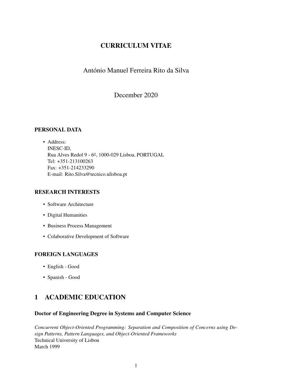 CURRICULUM VITAE António Manuel Ferreira Rito Da Silva December