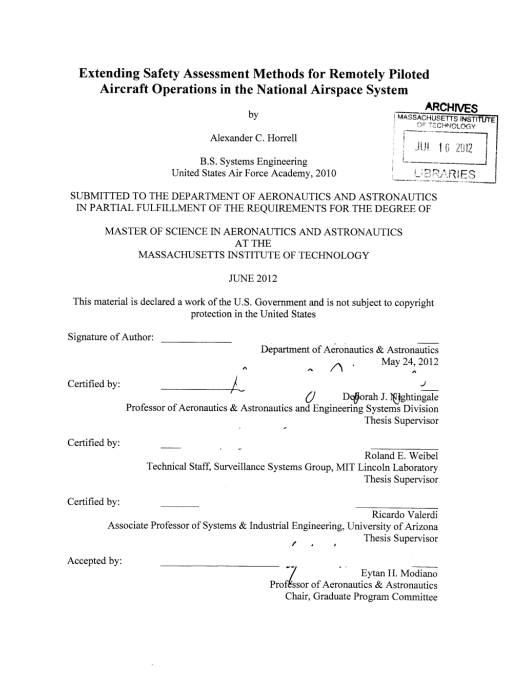 Extending Safety Assessment Methods for Remotely Piloted Aircraft Operations in the National Airspace System ARCHIVES by MASSACHUSETTS INSTITUTE Alexander C