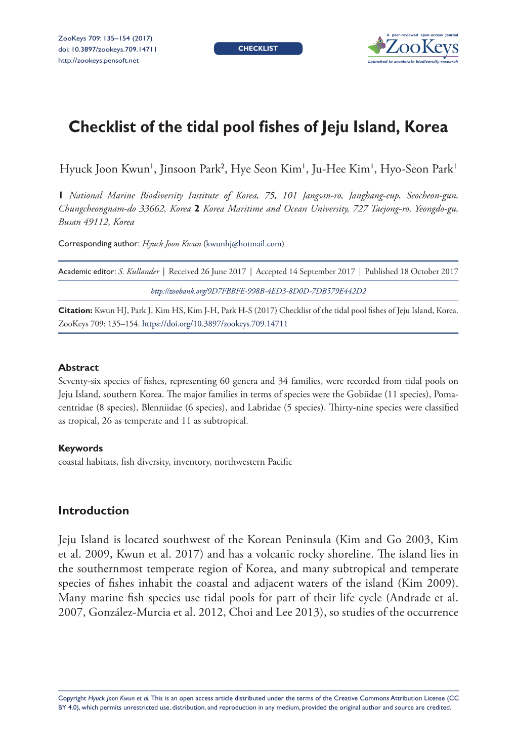 ﻿﻿﻿﻿﻿Checklist of the Tidal Pool Fishes of Jeju Island, Korea