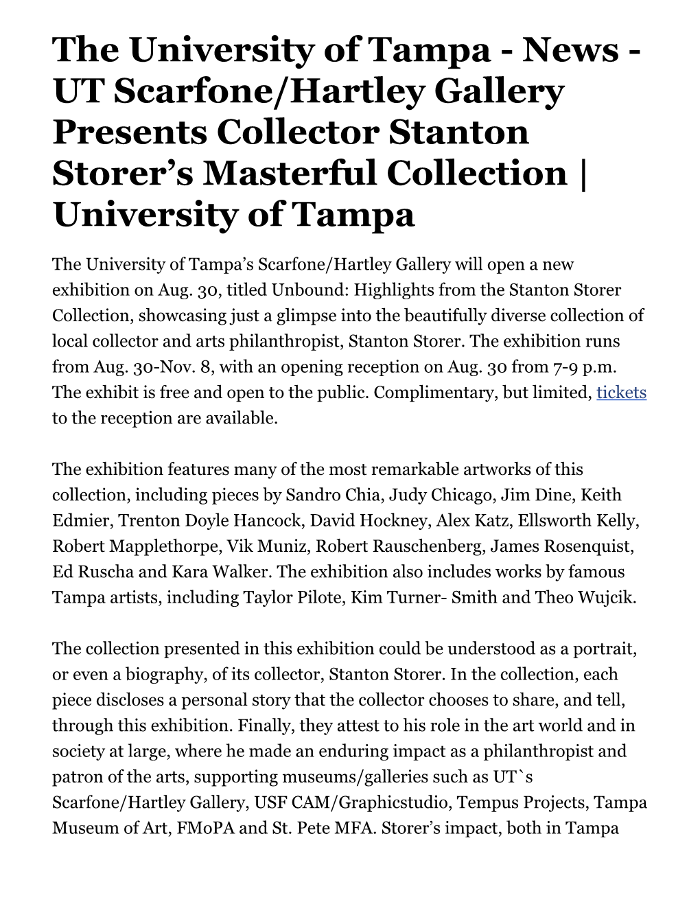 UT Scarfone/Hartley Gallery Presents Collector Stanton Storer's Masterful Collection