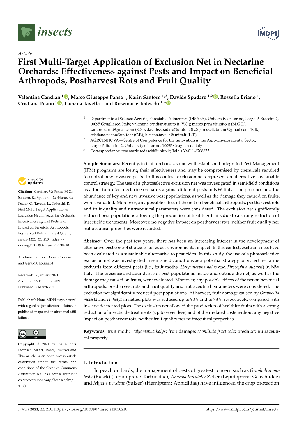 First Multi-Target Application of Exclusion Net in Nectarine Orchards: Effectiveness Against Pests and Impact on Beneficial Arth