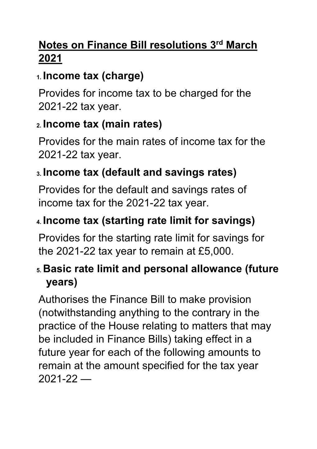 Notes on Finance Bill Resolutions 3Rd March 2021