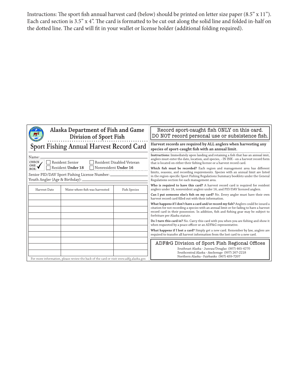 Sport Fishing Harvest Record Card