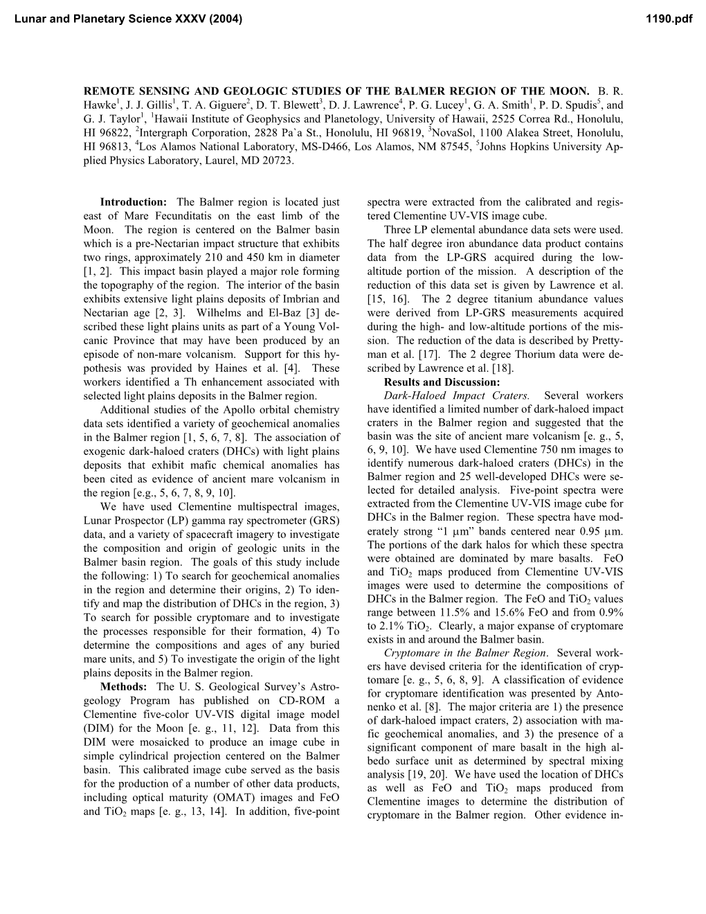 Remote Sensing and Geologic Studies of the Balmer Region of the Moon