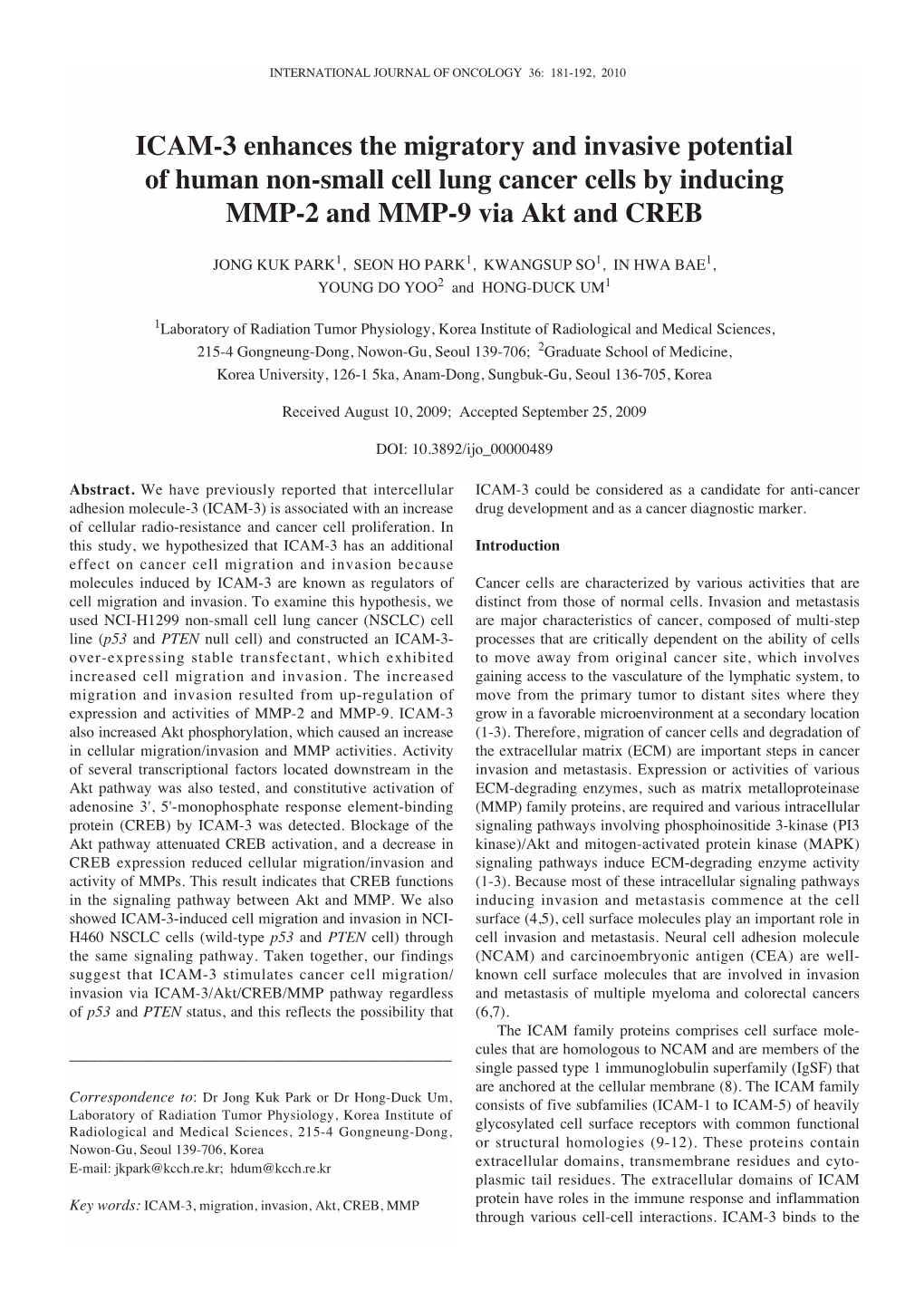 ICAM-3 Enhances the Migratory and Invasive Potential of Human Non-Small Cell Lung Cancer Cells by Inducing MMP-2 and MMP-9 Via Akt and CREB