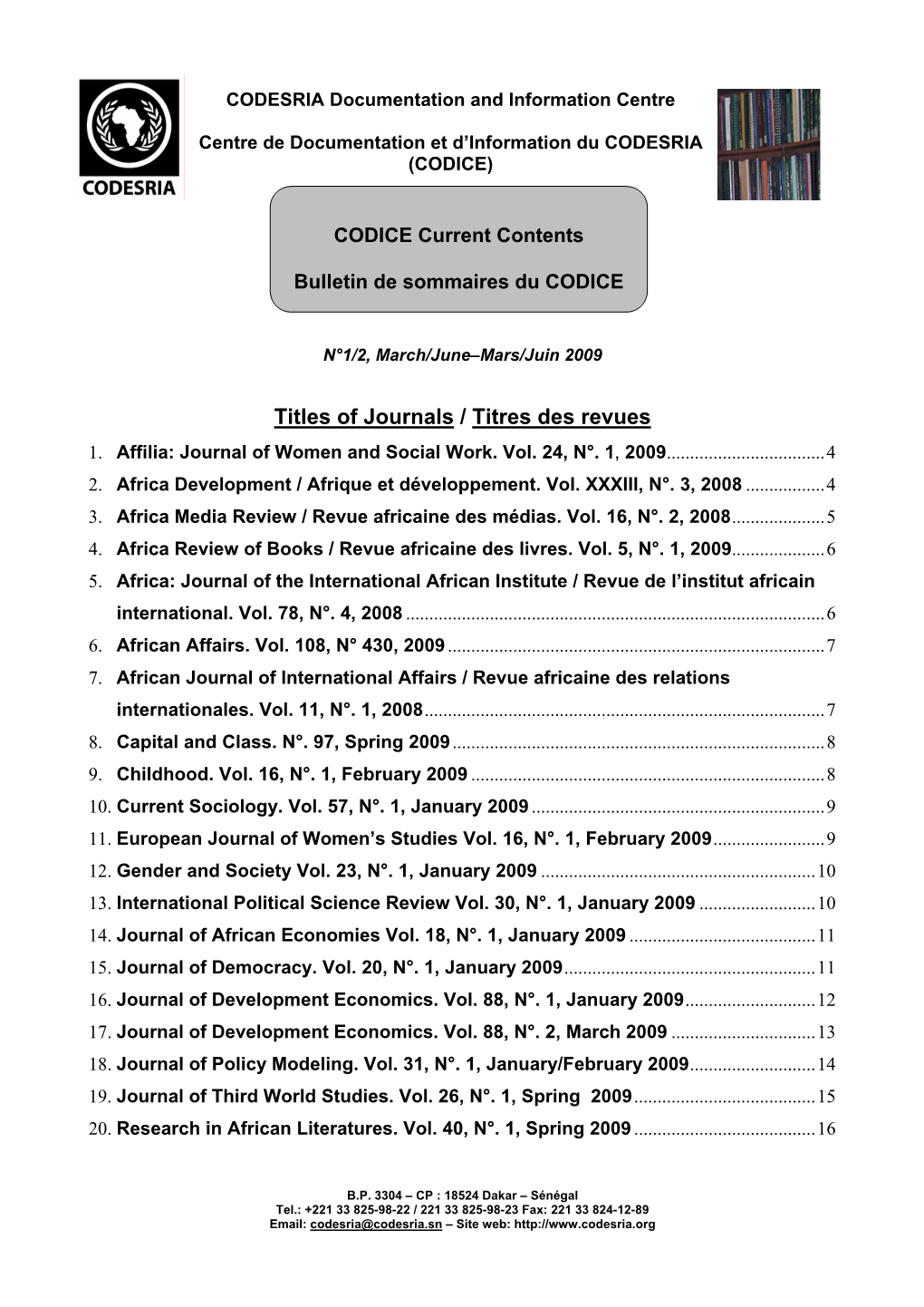 Titles of Journals / Titres Des Revues 1