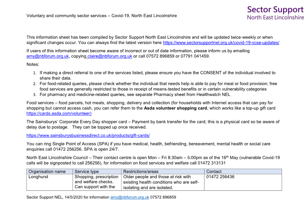 Covid-19, North East Lincolnshire This Information Sheet Has Been