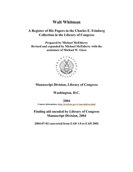 Papers of Walt Whitman in the Charles E. Feinberg Collection [Finding Aid