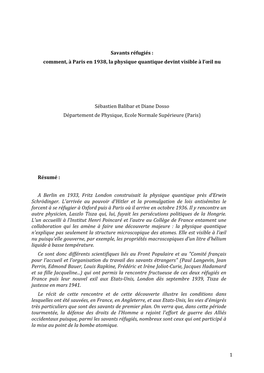 1 Savants Réfugiés : Comment, À Paris En 1938, La Physique Quantique Devint